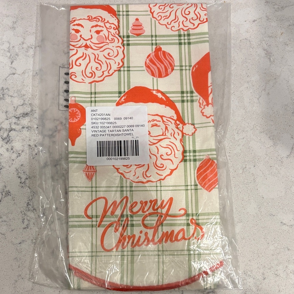 NWT Anthropologie Vintage-Inspired Tartan Santa Dish Towel